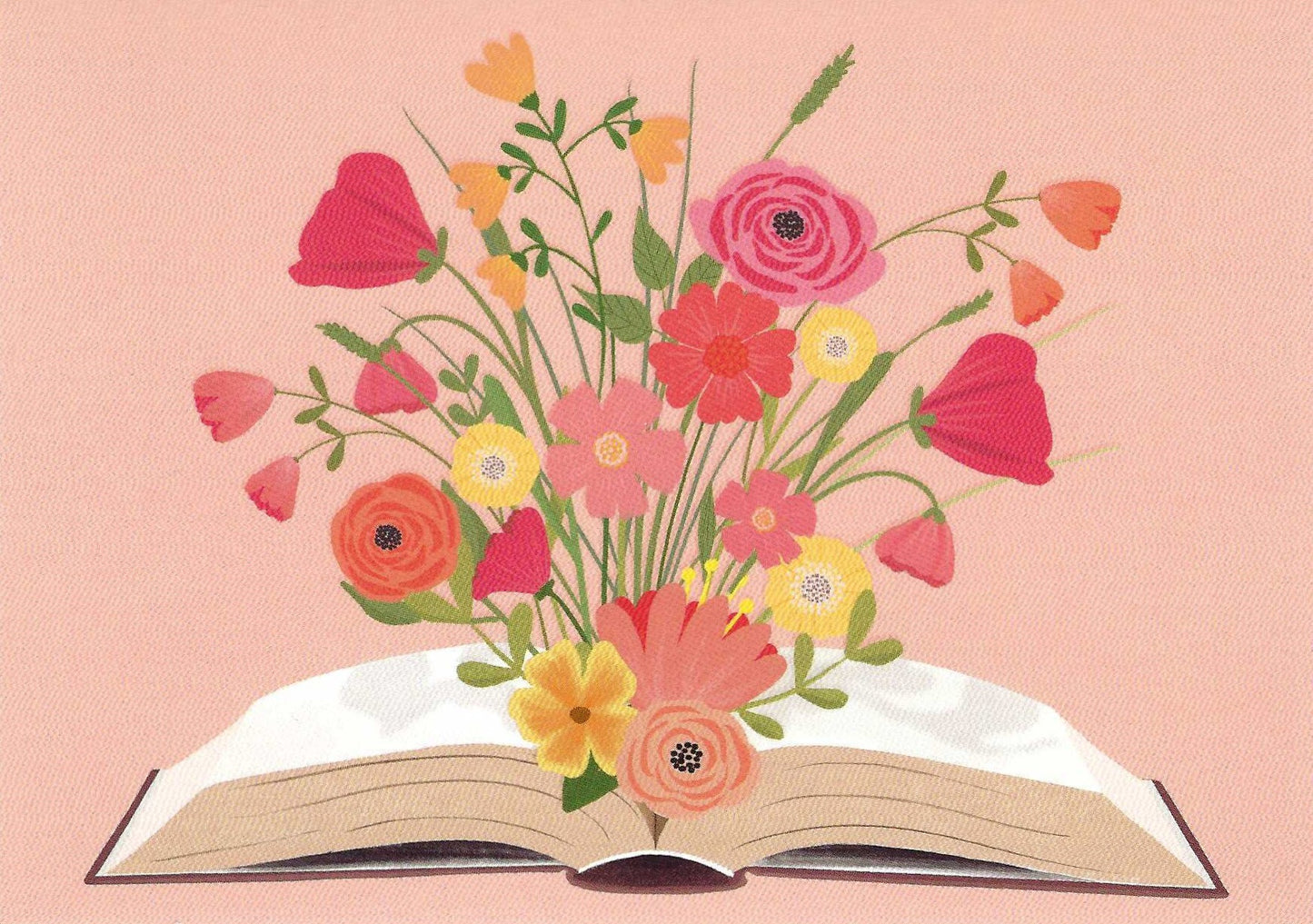 Flower Book Postcard by Nobis Design featuring an open book with a bouquet of colorful flowers on a pink background