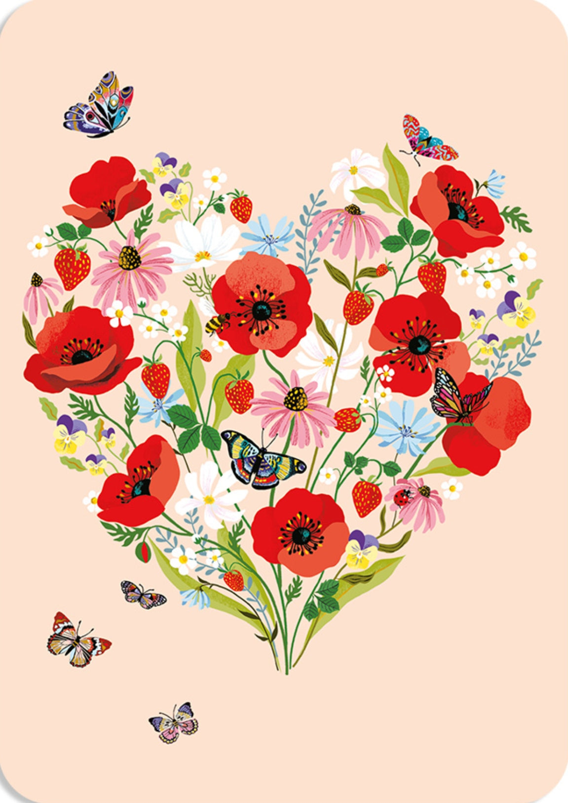 Cartes d'Art postcard featuring a heart-shaped arrangement of flowers and butterflies with gold foil details