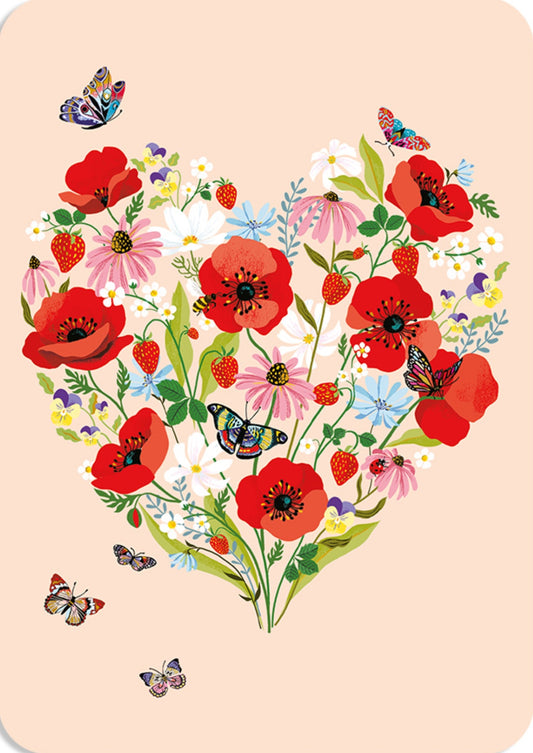 Cartes d'Art postcard featuring a heart-shaped arrangement of flowers and butterflies with gold foil details