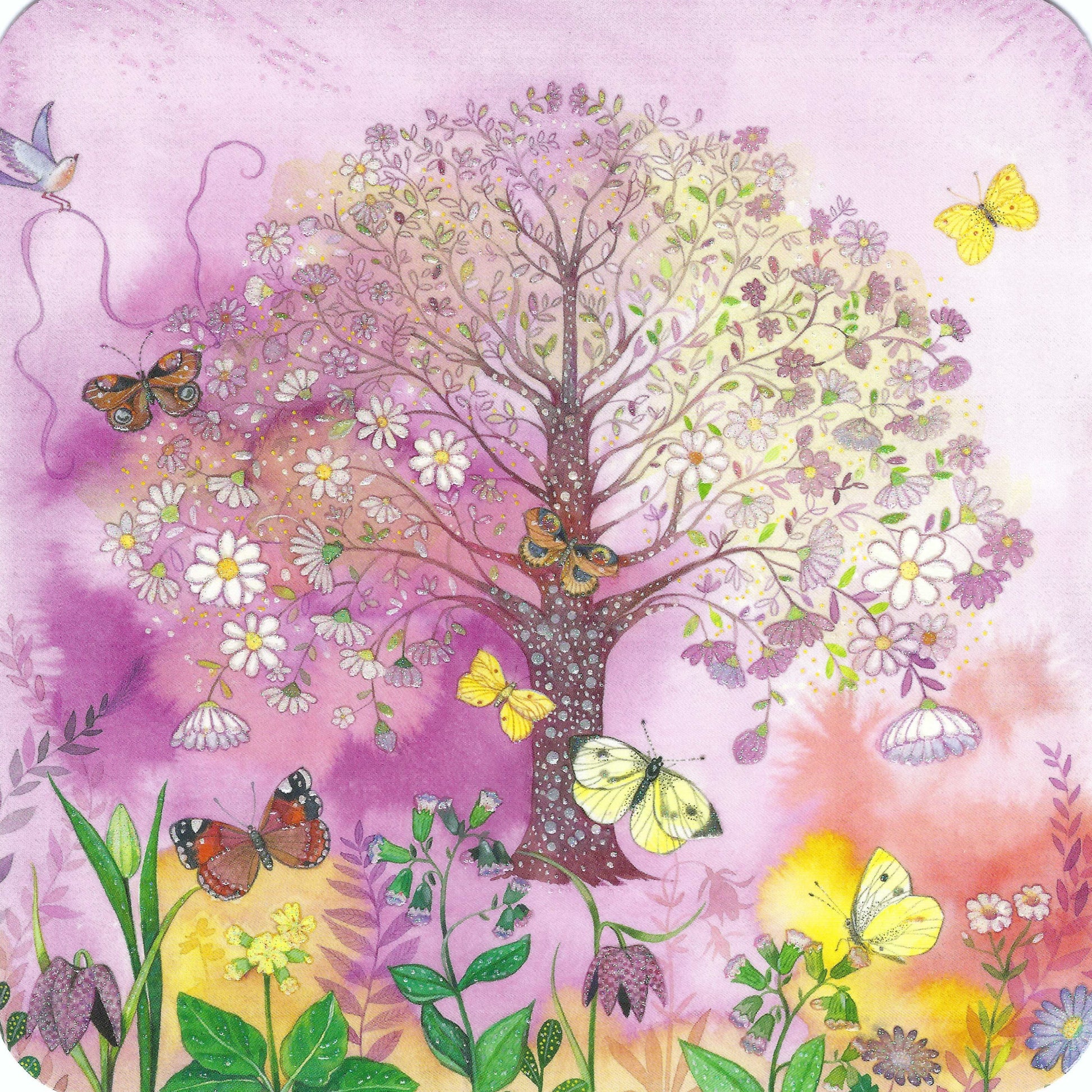 Spring Butterflies & Flowers Postcard by Kristiana Heinemann - Taurus Kunstkarten featuring an illustration of a tree with butterflies and flowers on a pink background
