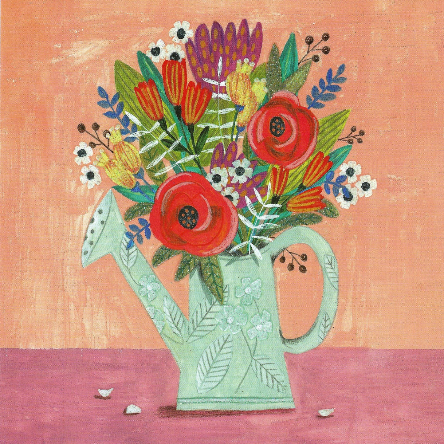 Flowers - Bouquet Postcard by Caroline Bonne Müller - Edition Gollong featuring a colorful bouquet of flowers in a watering can