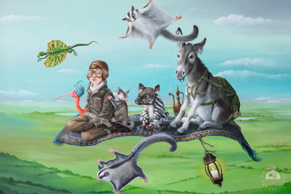 Flying Carpet Postcard by Inkognito featuring a whimsical illustration of a person in aviator goggles sitting on a magic carpet with a donkey, tapir, sugar gliders, a lizard, and a hanging lantern, set against a green landscape and blue sky.