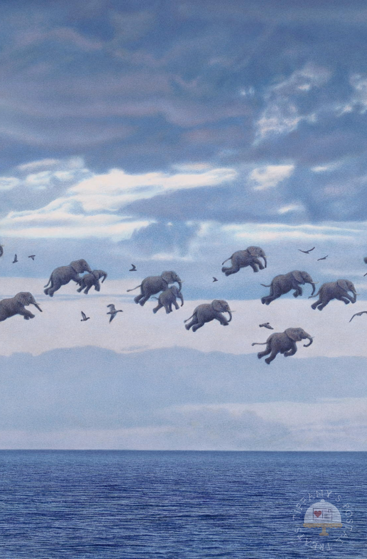 Flying Elephants Postcard by Inkognito featuring a herd of gray elephants flying over a blue ocean under a cloudy sky, with birds.