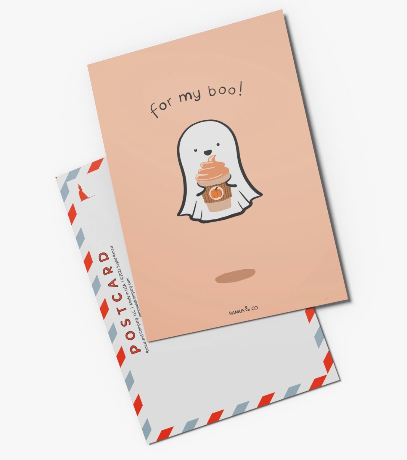 For My Boo Pumpkin Latte Postcard by Ramus & Company featuring a ghost holding a pumpkin latte and the text 'for my boo!'.