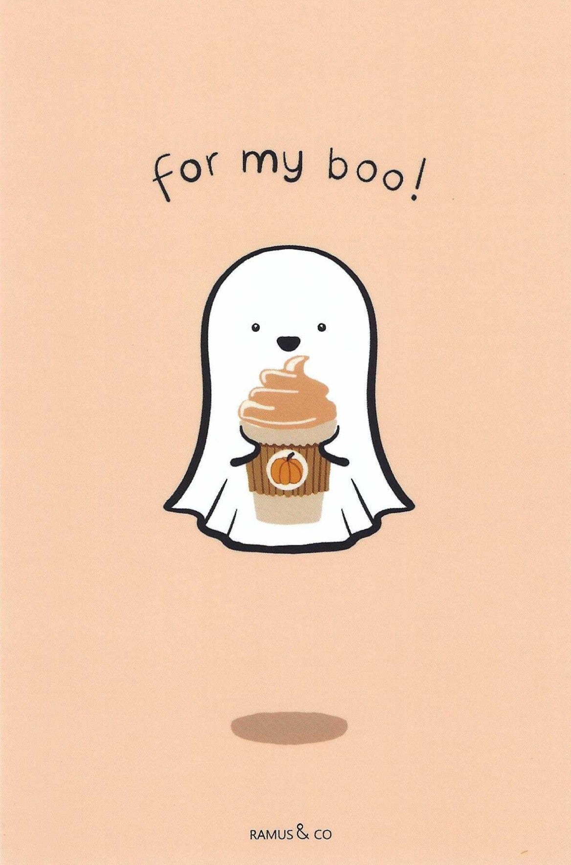 For My Boo Pumpkin Latte Postcard by Ramus & Company featuring a cute white ghost holding a pumpkin spice latte in the center, and 'RAMUS & CO' printed at the bottom.