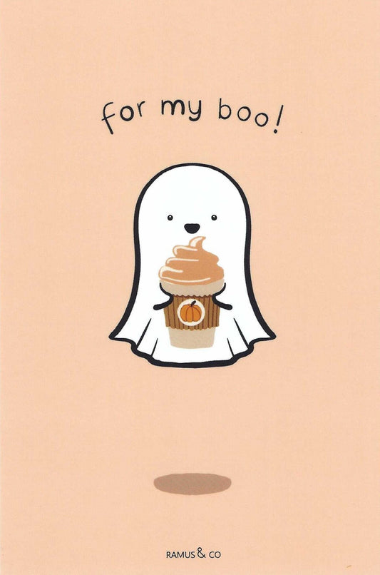 For My Boo Pumpkin Latte Postcard by Ramus & Company featuring a cute white ghost holding a pumpkin spice latte in the center, and 'RAMUS & CO' printed at the bottom.