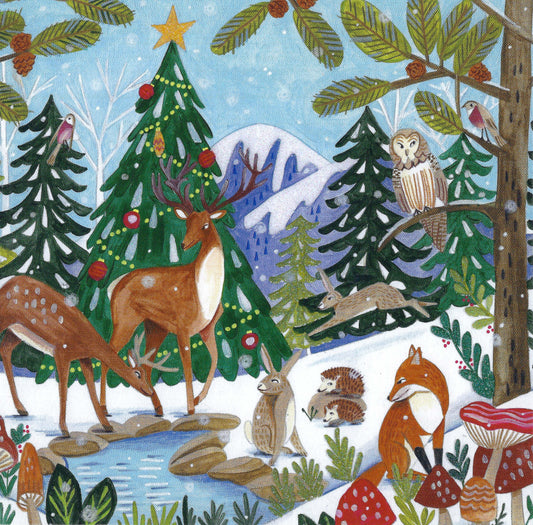 Forest Animals Christmas Postcard by Edition Gollong featuring a Winter forest scene with deer, fox, and other animals near a Christmas tree.