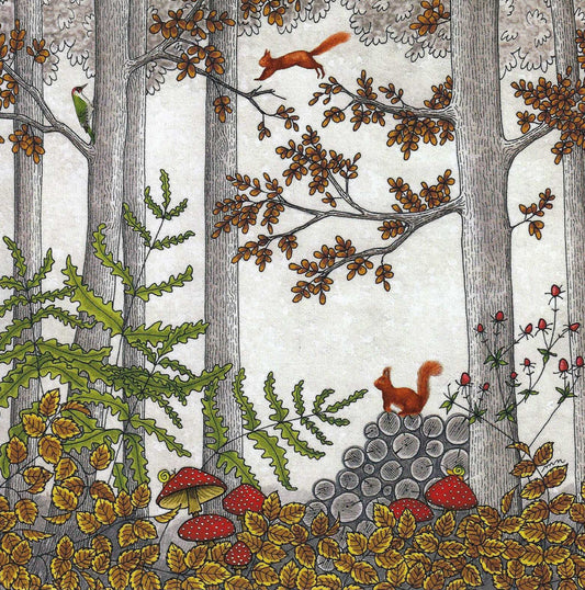 Forest Friends Postcard by Editions Titi Pinson featuring an illustration of a forest scene with squirrels, trees, mushrooms and foliage.