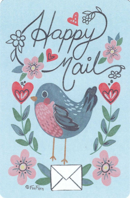 Happy Mail Bird Postcard by FoxFern Studios featuring a bird, envelope, flowers, and 'Happy Mail' text on a light blue background