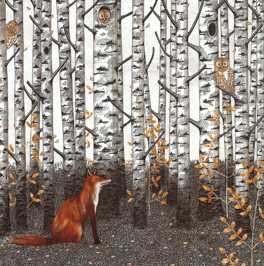 Fox and Owls Postcard by Myriam Nion - Editions Titi Pinson featuring a fox and owls in a forest with birch trees and fallen leaves.