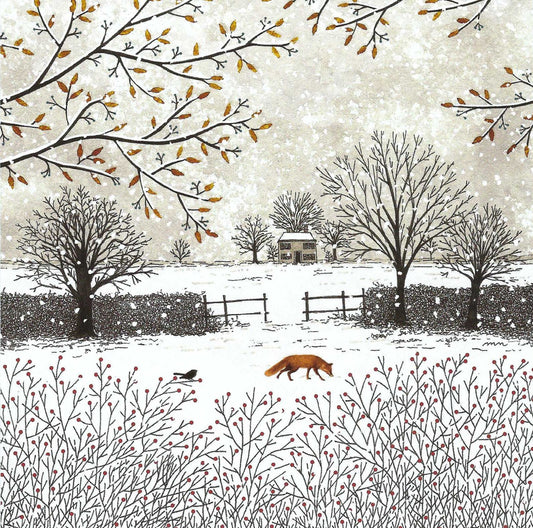 Fox in the Field Postcard by Editions Titi Pinson featuring a winter landscape with trees, a house, and a fox in the snow.