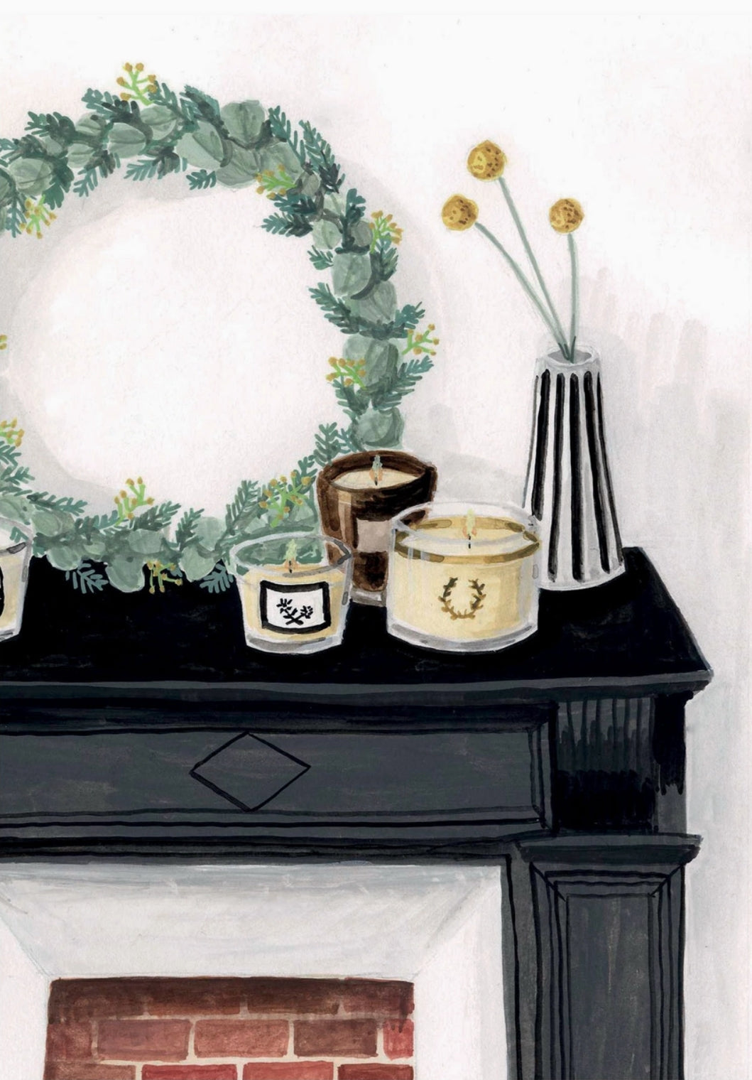 Fragrances Postcard by Mélanie Voituriez featuring a fireplace mantel with a green wreath, a black vase with dried yellow flowers, and three candles in glass holders on a dark mantel above a brick fireplace.