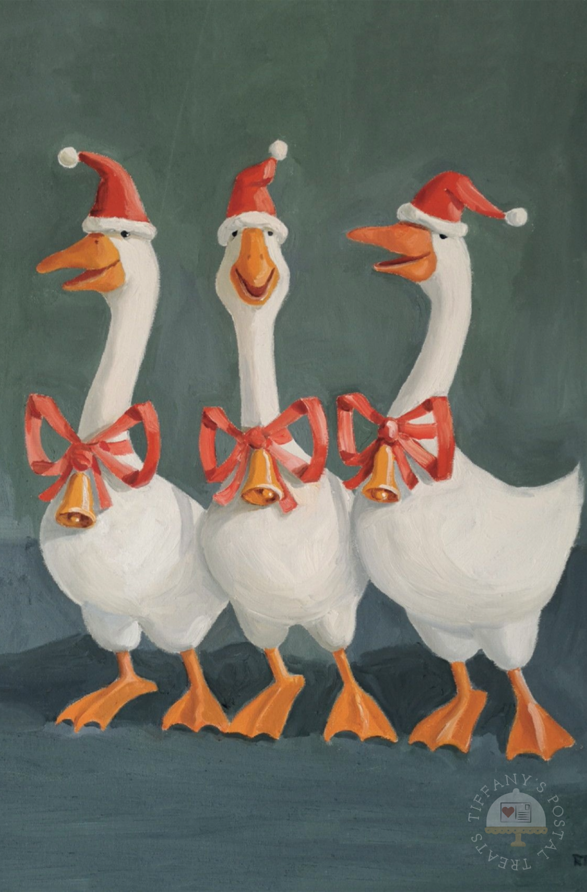 Christmas Goose Postcard by Inkognito featuring three white geese with santa hats on their heads and a red ribbon with a bell on their neck.