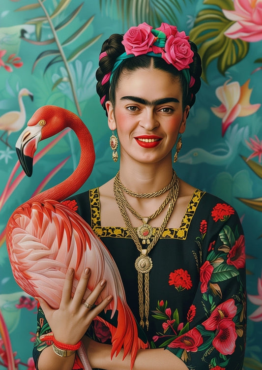 Frida Kahlo with Flamingo Postcard by Fripperies
