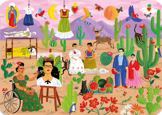 Frida Kahlo Postcard by Cartes d'Art featuring a colorful illustration of a desert scene with people, cacti, animals, art and traditional clothing.