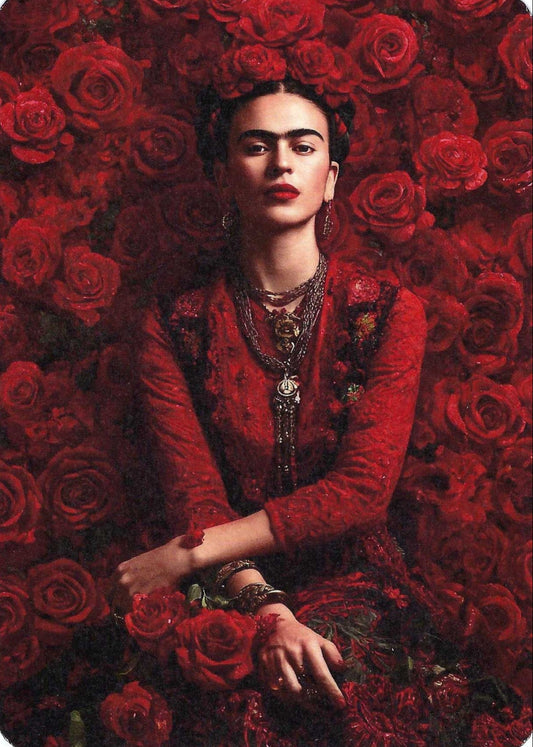 Frida Kahlo Soft as Roses Postcard by Fripperies featuring Frida Kahlo surrounded by red roses in a portrait-style image