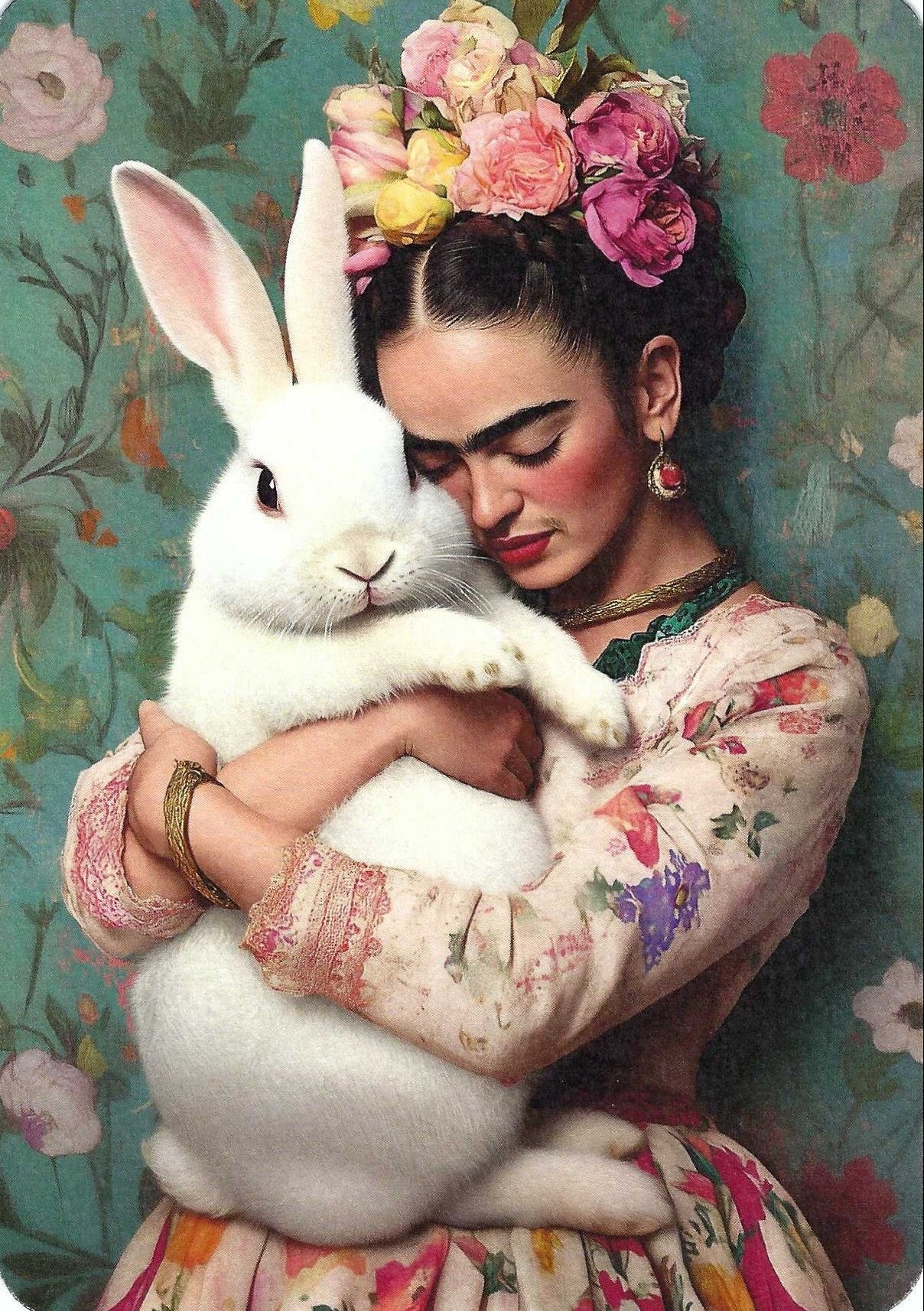 Frida Kahlo and Bunny Postcard by Fripperies featuring Frida with a floral headpiece holding a white rabbit against a floral background