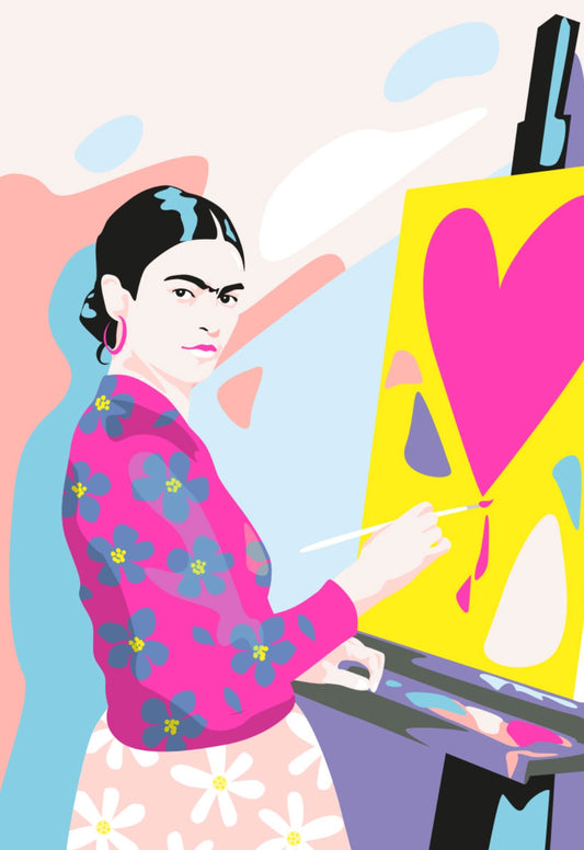 Frida Postcard by Limoncella for Nobis Design featuring an illustration of a woman painting a heart on a canvas with a colorful background