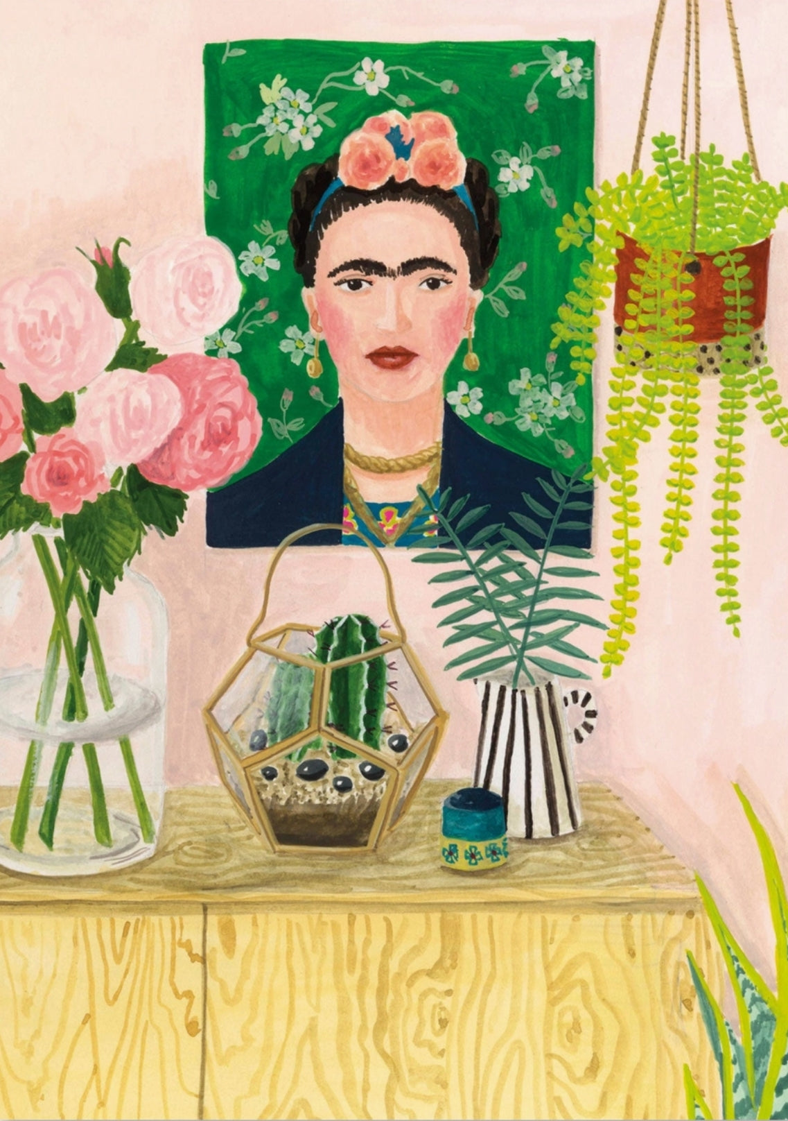 Frida Postcard by Mélanie Voituriez featuring flowers and plants on a table with a picture of Frida Kahlo on the wall.