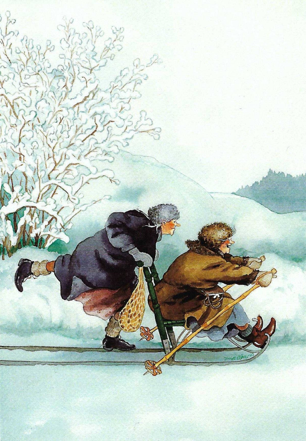 Friends Sledding Postcard by Inge Löök - Aunties - Friends - Old Ladies