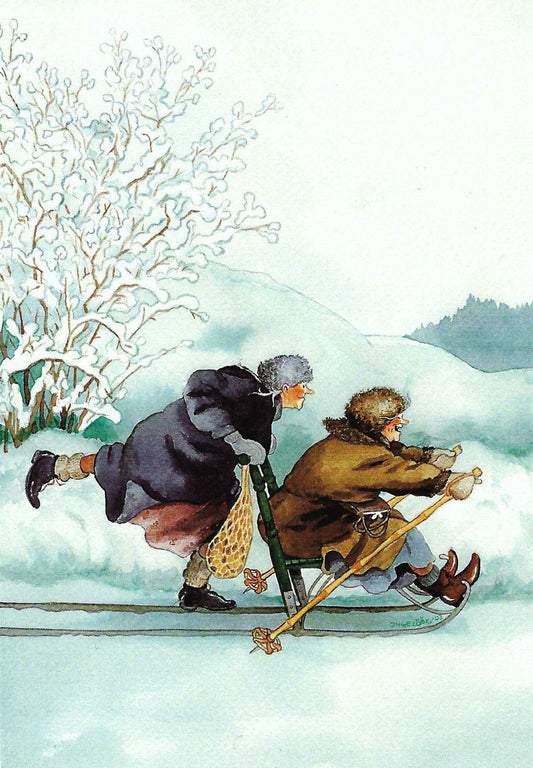 Friends Sledding Postcard by Inge Löök - Aunties - Friends - Old Ladies