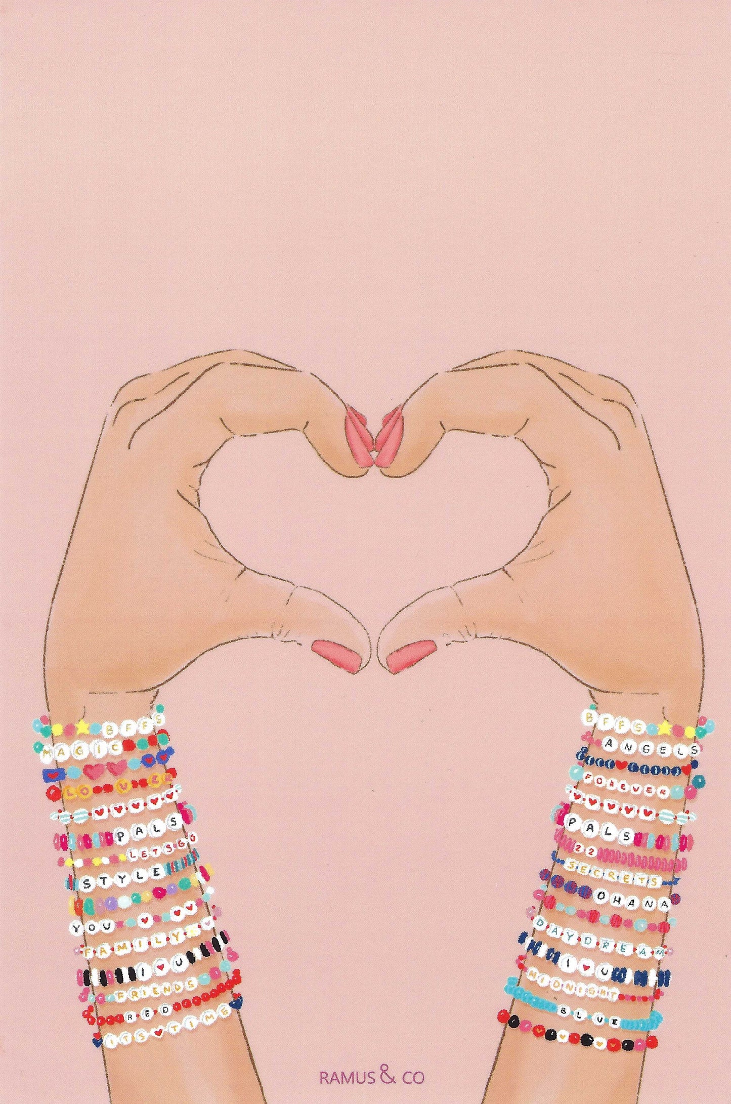 Friendship Bracelets Postcard by Ramus & Company featuring hands making a heart shape and wrists covered in friendship bracelets