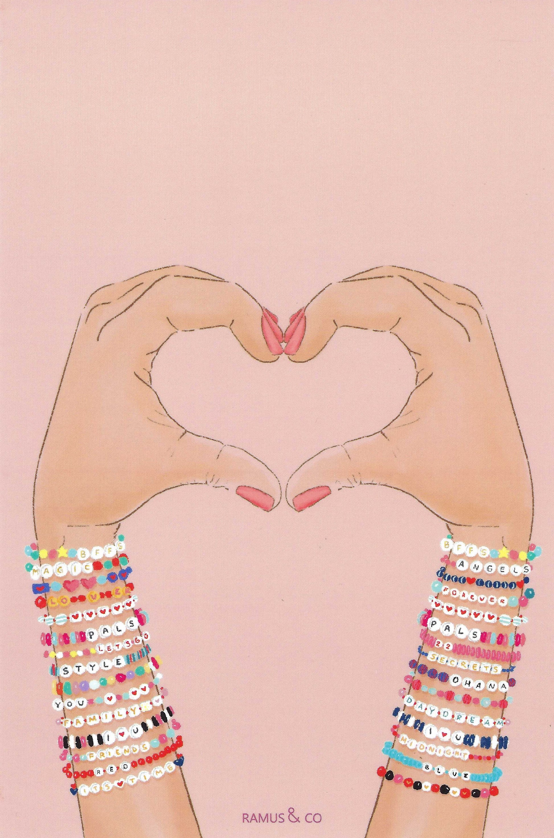Friendship Bracelets Postcard by Ramus & Company featuring hands making a heart shape and wrists covered in friendship bracelets