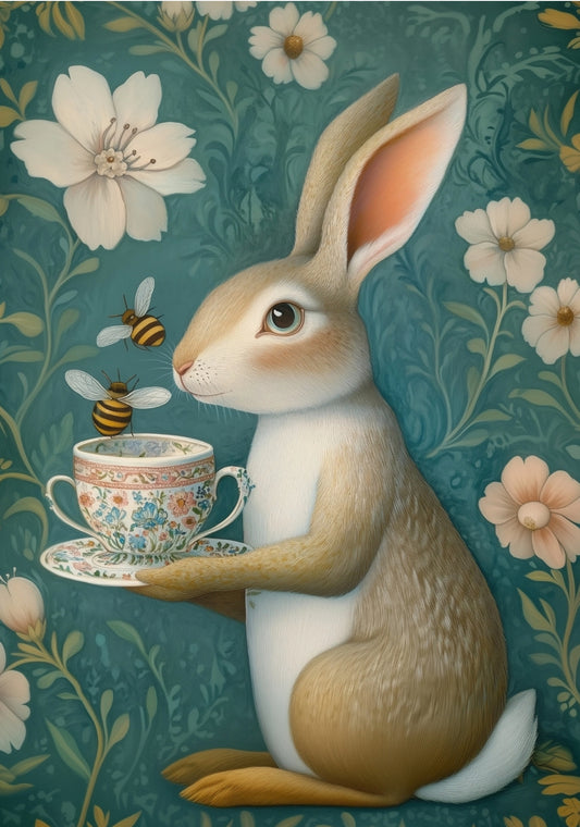 Fripperies - Animal Teatime - Rabbit - Bunny - Hare - Tea Cup - Bee - Postcard