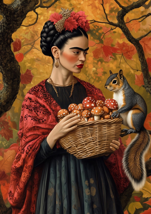 Frida Kahlo Postcard - Fall - Autumn - Squirrel - Mushrooms - Fripperies Postcard - Postcrossing Postcards