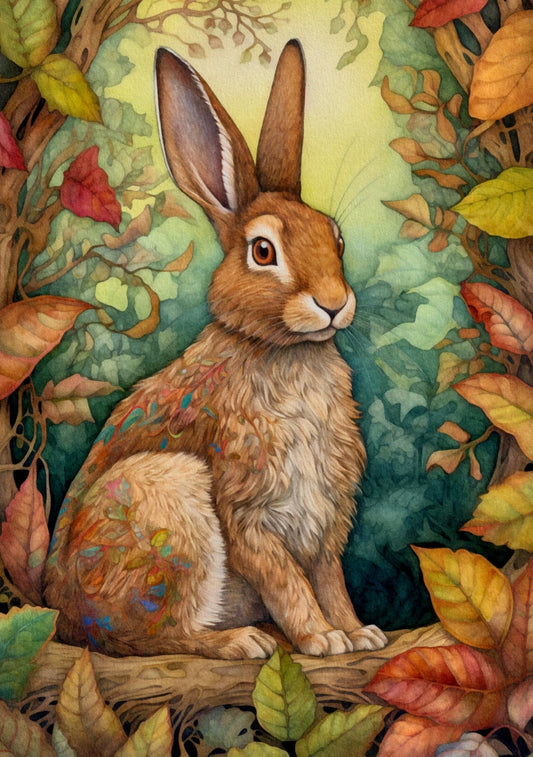 Rabbit Postcard - Fall - Autumn - Leaves - Hare - Bunny - Animals of the Forest - Fripperies Postcard