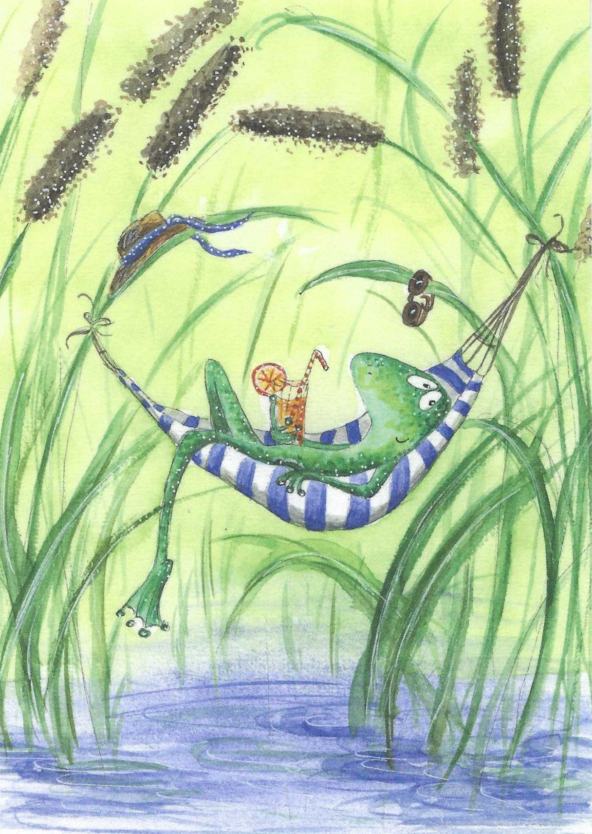 Frog in Hammock Postcard by Taurus featuring an illustration of a green frog in a striped hammock over water with grasses and a refreshing drink.