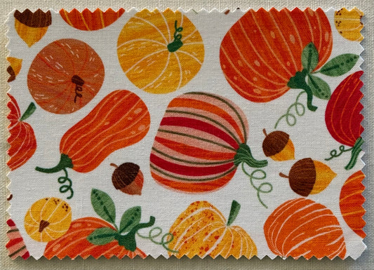 Fall themed Fabric Postcard featuring pumpkins and acorns