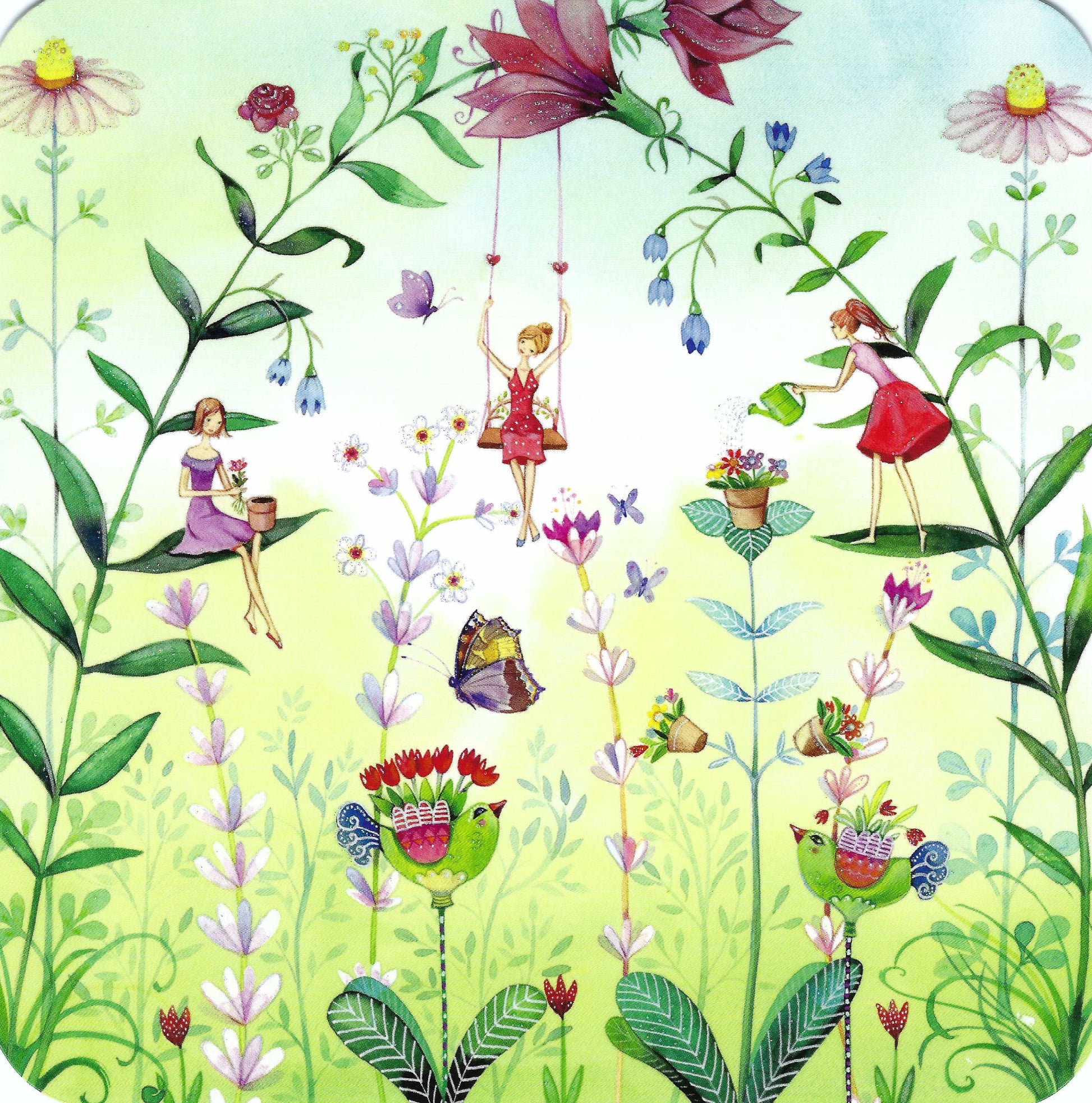 Garden Gals Postcard by Kristiana Heinemann featuring an illustration of women in a garden with flowers and plants