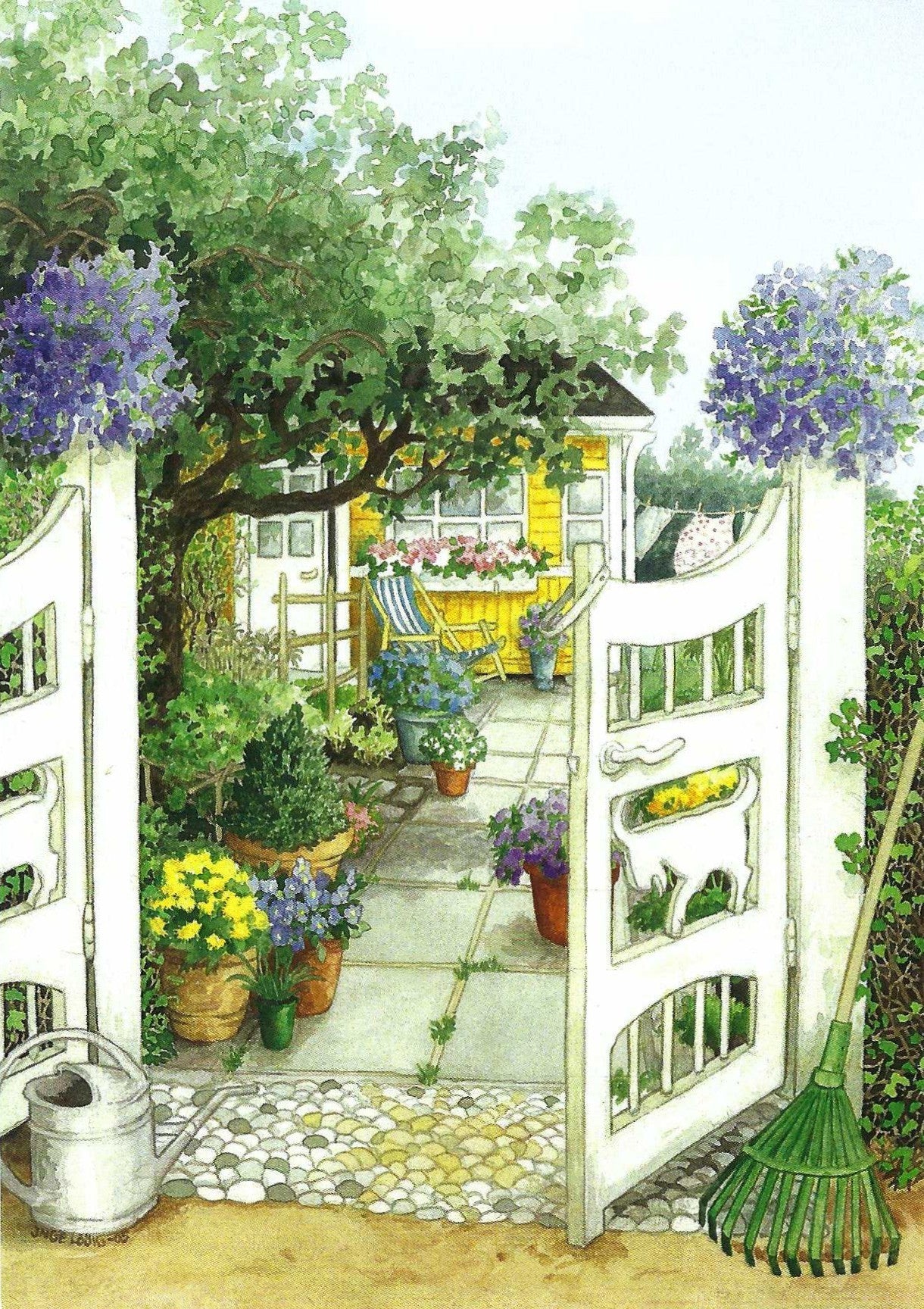 Garden Gate Postcard by Inge Löök featuring an illustration of a garden with flowers, plants, watering can and a rake.