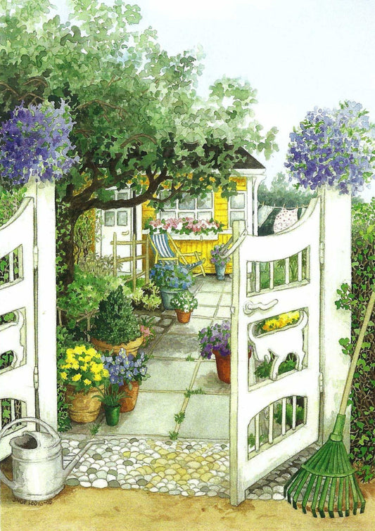 Garden Gate Postcard by Inge Löök featuring an illustration of a garden with flowers, plants, watering can and a rake.