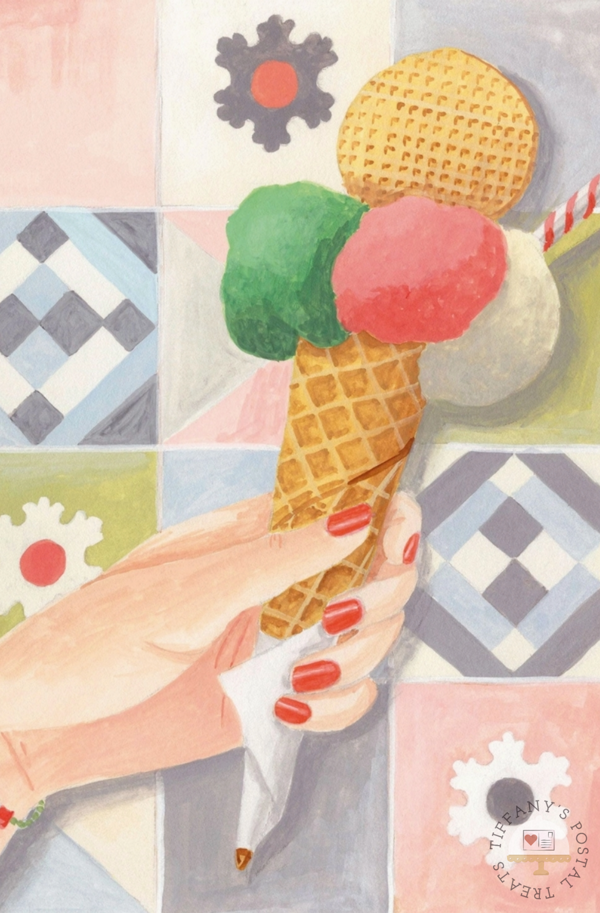 Gelato Postcard by Mélanie Voituriez featuring an illustration of a hand holding a waffle cone with three gelato scoops: green, pink, and white. The background is a patchwork of pastel blocks with geometric and floral patterns.