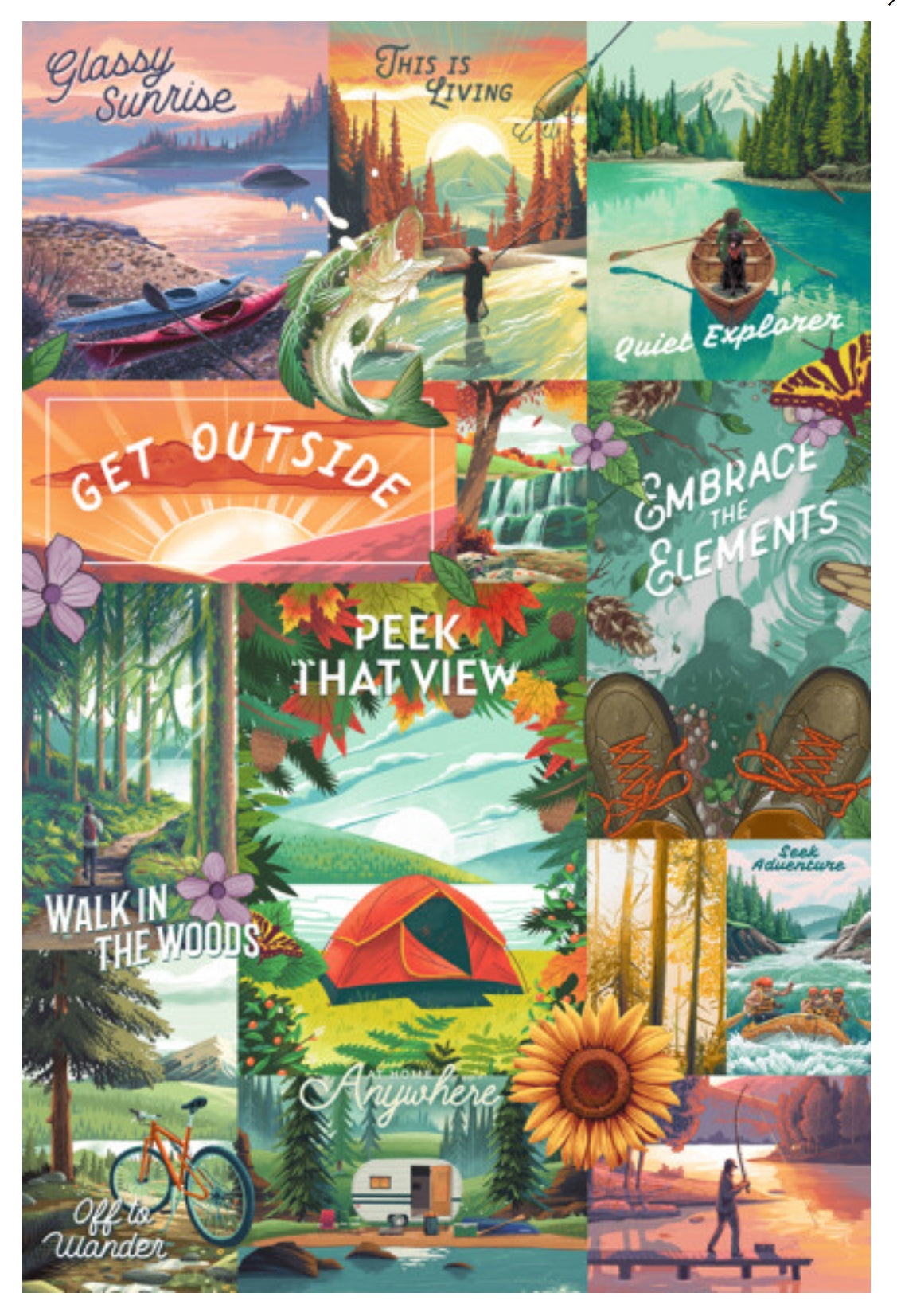 Get Outside Series Collage Postcard by Lantern Press featuring a colorful collage of outdoor scenes and phrases. The design includes illustrations of a sunrise over water, a person fishing from a boat, a large fish, mountains, forests, a tent, a bicycle, and a sunflower, with phrases such as 'Glassy Sunrise,' 'This Is Living,' 'Get Outside,' and 'Embrace the Elements.