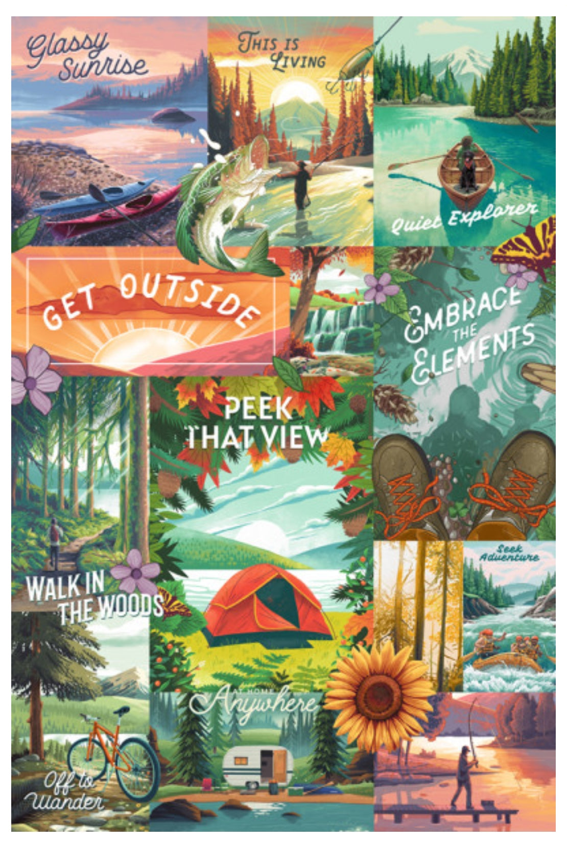 Get Outside Series Collage Postcard by Lantern Press featuring multiple illustrated outdoor scenes and inspirational phrases such as 'Glassy Sunrise,' 'This Is Living,' 'Get Outside,' 'Embrace the Elements,' 'Peek That View,' 'Walk in the Woods,' 'Anywhere You Want,' and 'Just Wander.' The design uses many colors across panels: blue water and sky, green forests, orange sunsets, a red tent, a yellow bicycle, and floral accents.