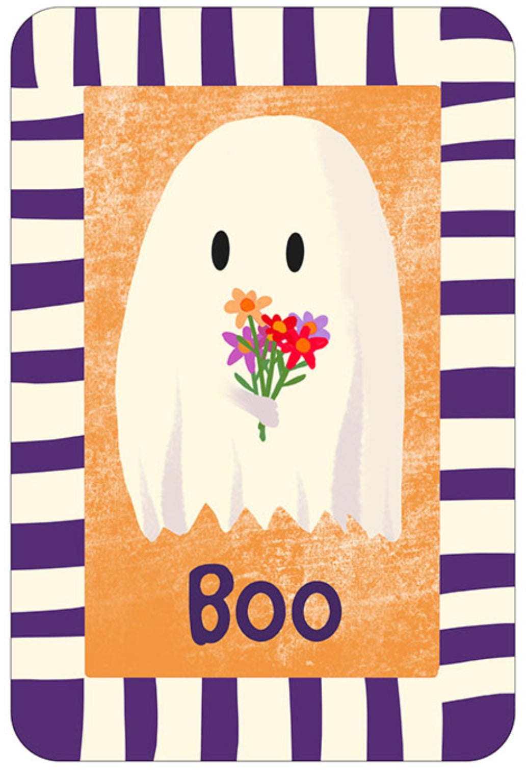 Halloween Ghost Boo Postcard by Nobis Design featuring a white ghost holding a bouquet of flowers against an orange background, with the word 'Boo' below. The postcard has purple and white horizontal stripes around the border.