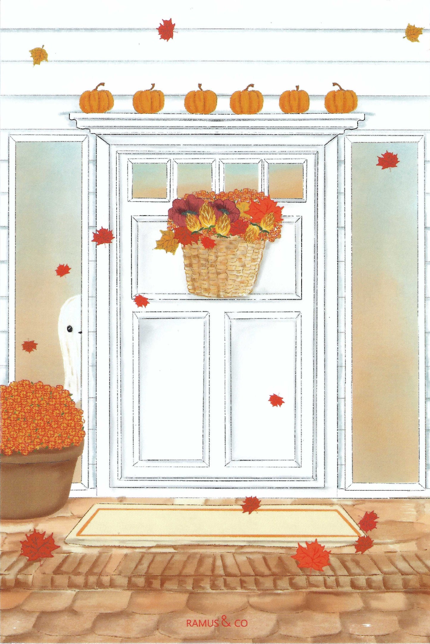 Ghost Front Door Postcard by Ramus & Company featuring a decorative autumn scene with pumpkins, a ghost, and fall leaves.