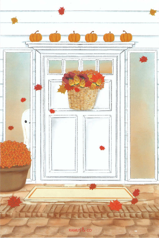Ghost Front Door Postcard by Ramus & Company featuring a decorative autumn scene with pumpkins, a ghost, and fall leaves.