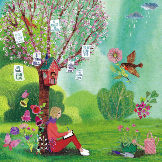 Girl Writing Postcard by Mila Marquis - Edition Gollong featuring a woman sitting under a tree writing letters in a garden setting.