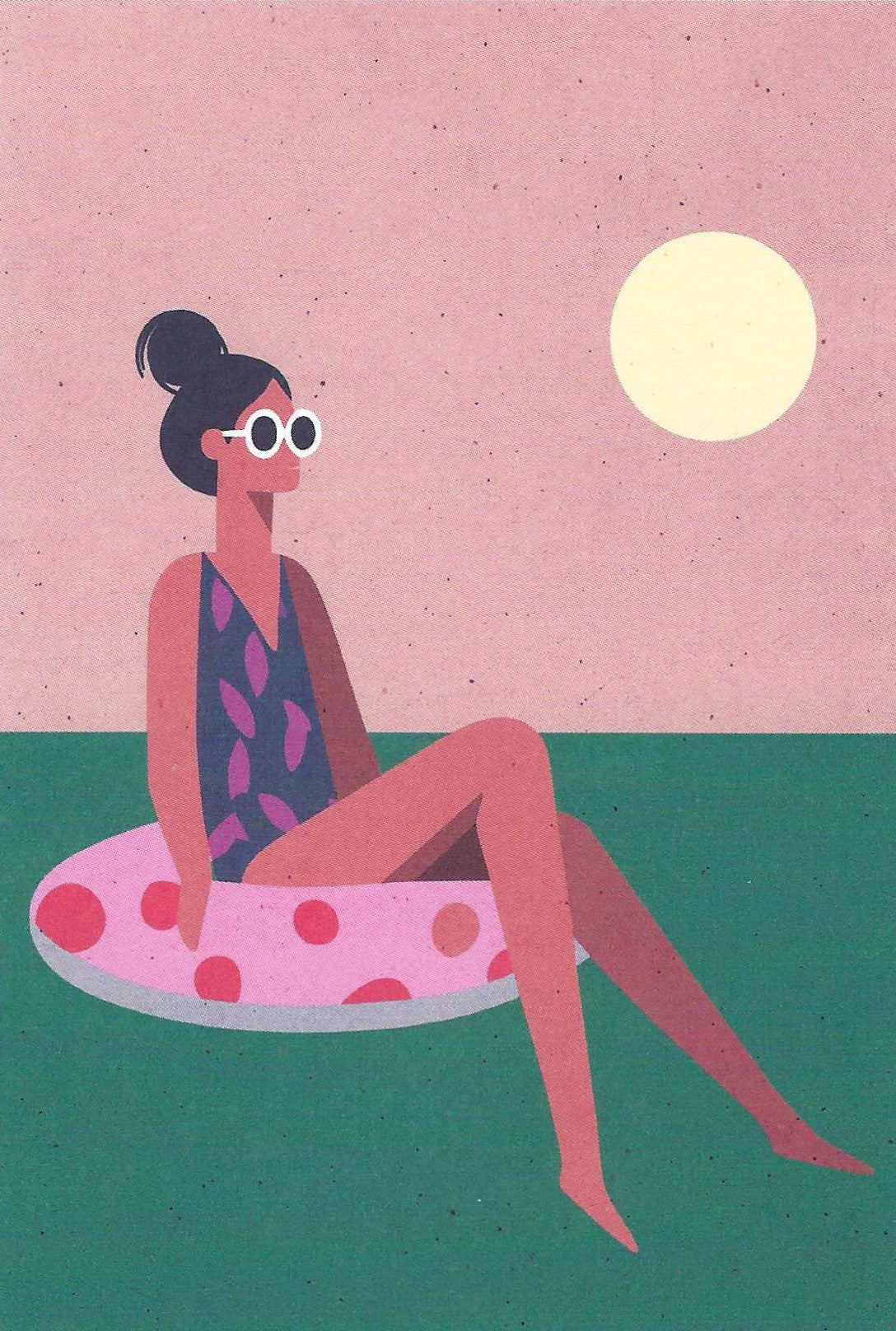 Girl in the Sea Postcard illustrated by Daria Ivanova for Nobis Desig featuring a woman sitting on a pink inflatable ring with a polka dot pattern, wearing sunglasses and a swimsuit, against a pink sky with a yellow sun.