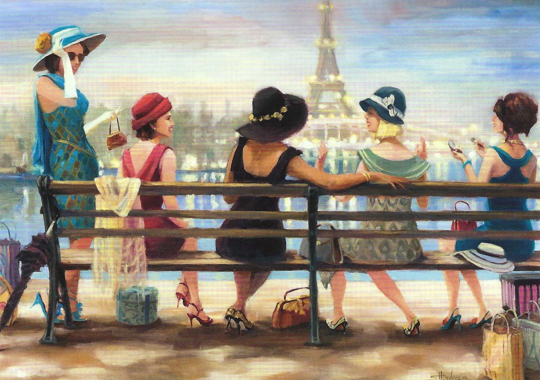 Girls Outing Postcard featuring a group of women sitting on a bench with the Eiffel Tower in the background