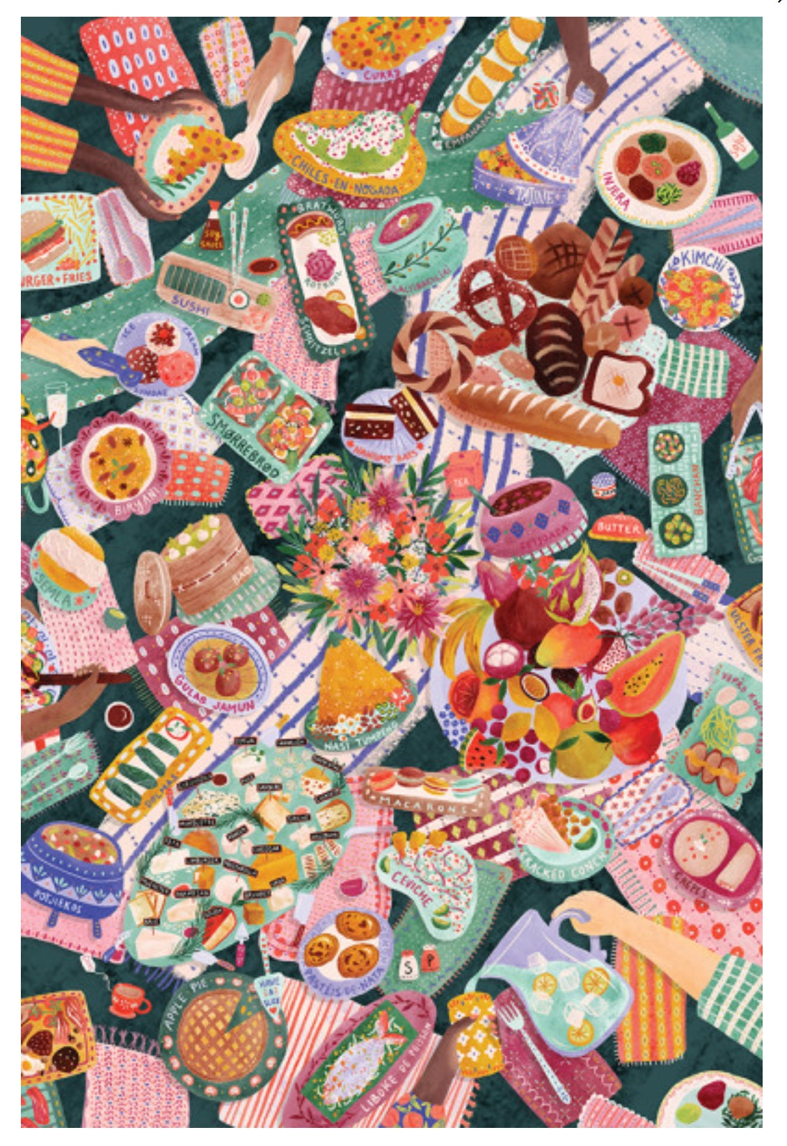 Global Table Postcard by Lantern Press featuring an illustrated collage of food, flowers, utensils, and picnic-style objects arranged densely across the full frame.
