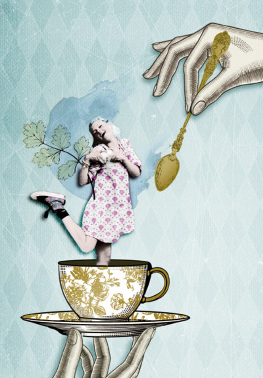 Golden Girl Postcard by La Tack for Nobis Design featuring an illustration of a girl in a dress being held in a teacup and saucer with a golden spoon above.