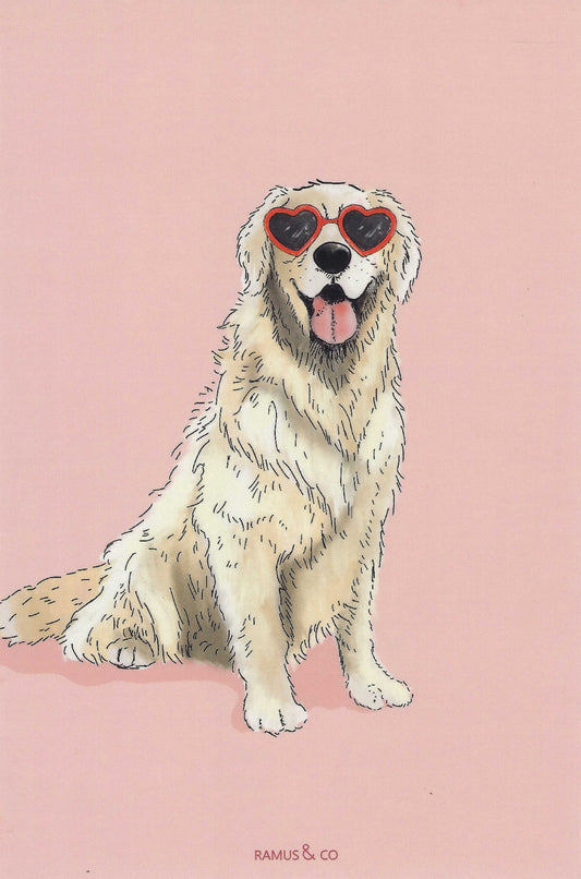 Golden Retriever Pink Heart Eyes Postcard by Ramus & Company featuring an illustration of a dog wearing heart-shaped sunglasses on a pink background