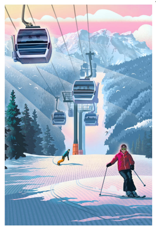 Gondolas - Skiing Postcard by Lantern Press featuring gondolas and skiers on a snowy mountain with a pink sky