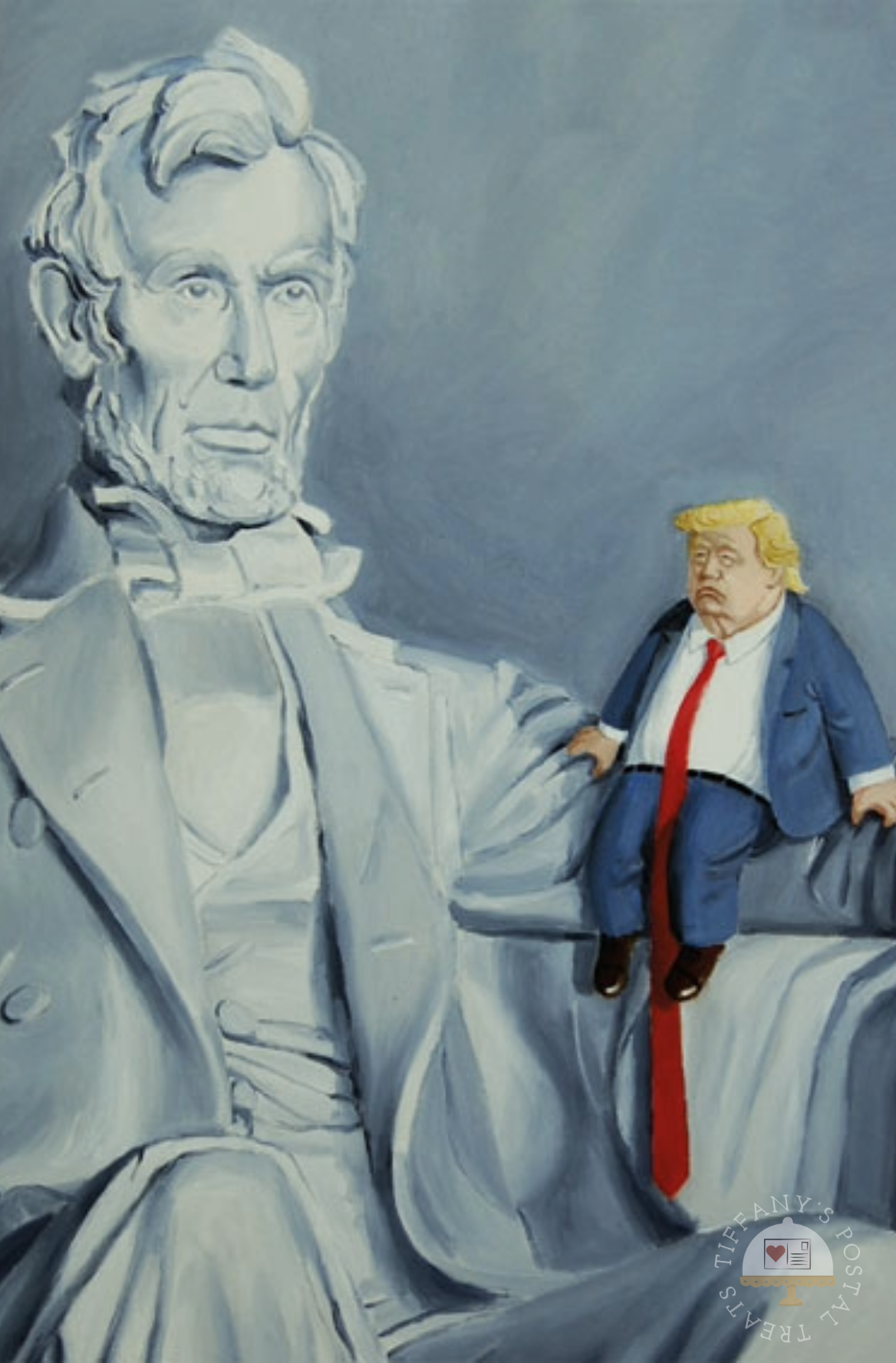 Great Men Among Themselves Postcard by Inkognito showing a Lincoln statue and a small caricature of Donald Trump seated on its arm.