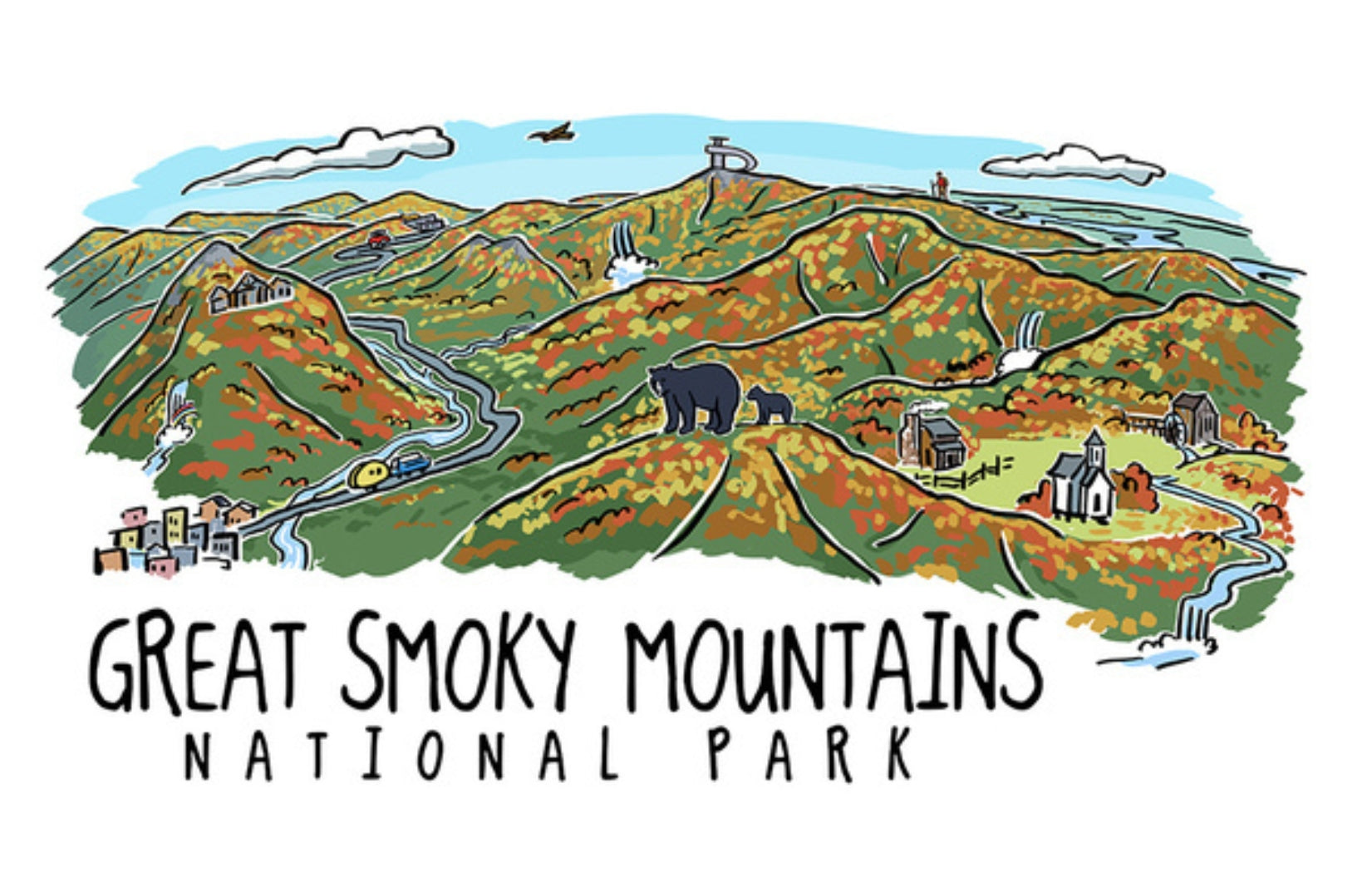 Lantern Press Line Drawing Postcard featuring an illustration of the Great Smoky Mountains National Park with colorful landscapes and scenic views.